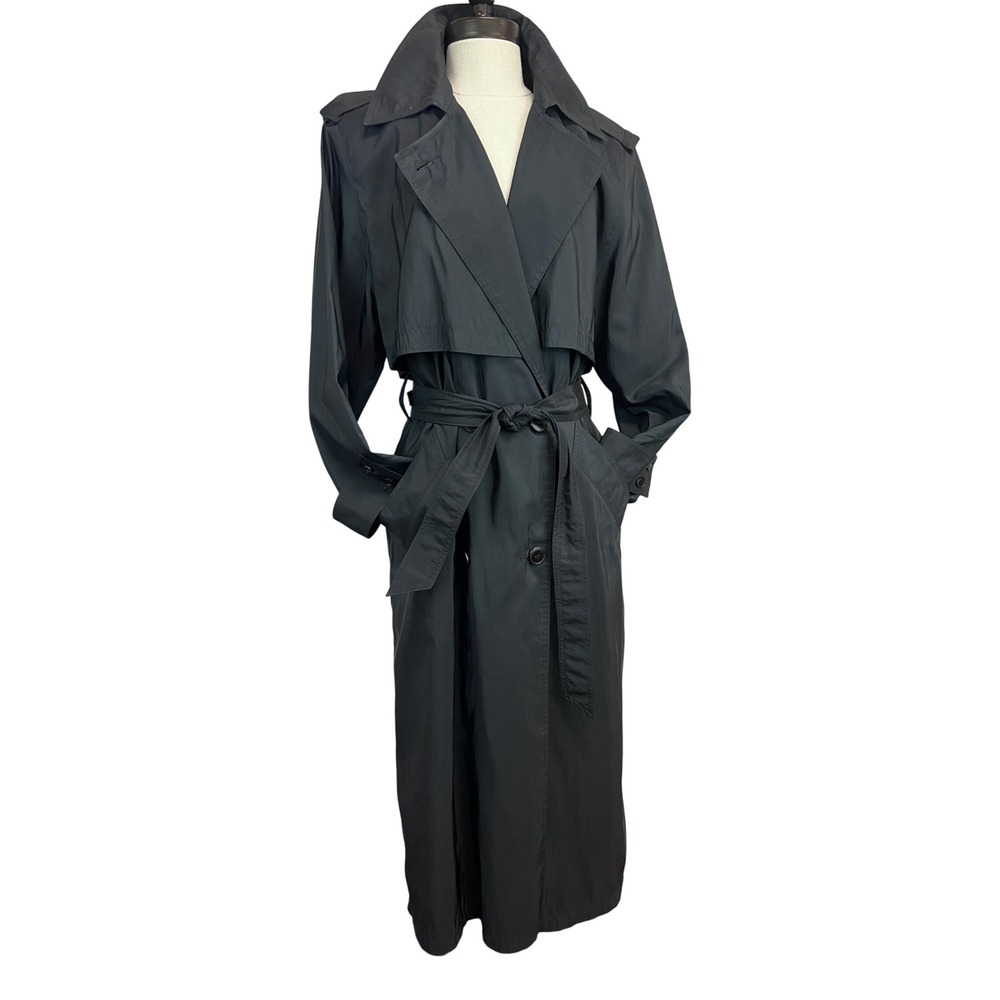 Forecaster Trench Coat Womens 6 Black Excellent Polka Dot Lining Belted Long